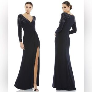 Mac Duggal Long Sleeve Faux Wrap Jersey Gown Navy Embellished Dress